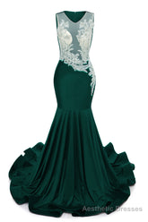 Dark Green V-Neck Sheer Corset Prom Dresses Beaded Mermaid Long Train Evening Gowns